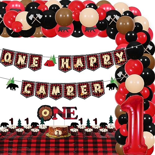 Lumberjack Partyzubehör zum 1. Geburtstag, Buffalo Plaid One Happy Camper-Banner, schwarz-rote Ballongirlande, Buffalo Plaid One-Kuchenaufsatz, Tischdecke für Lumberjack Wild One von Kreatwow