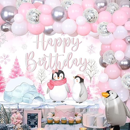 Pinguin-Geburtstagsparty-Zubehör, Pinguin-Happy-Birthday-Hintergrund, rosa Ballongirlande, Pinguin-Folienballon für Pinguin-Motto-Geburtstagsparty, Winter-Pinguin-Geburtstagsparty von Kreatwow