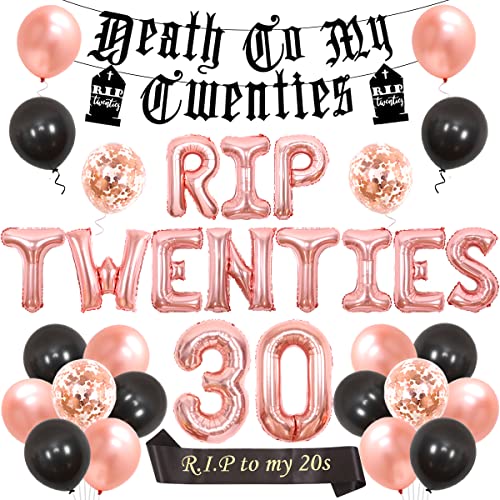 Kreatwow Rip Twenties 30. Geburtstag Party Dekoration für Frauen Schwarz und Roségold Ballon Girlande Death to My Twenties Banner, Rip to My 20s Schärpe, Nummer 30 Folienballon Funny Thirty Birthday von Kreatwow
