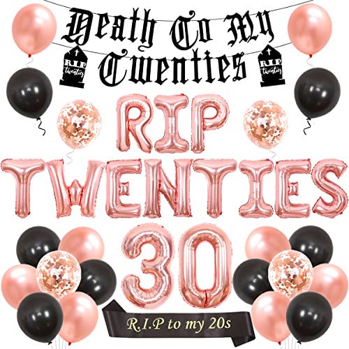 Rip Twenties 30. Geburtstag Party Dekoration für Frauen Schwarz und Roségold Ballon Girlande Death to My Twenties Banner, Rip to My 20s Schärpe, Nummer 30 Folienballon für Funny Thirty Birthday von Kreatwow