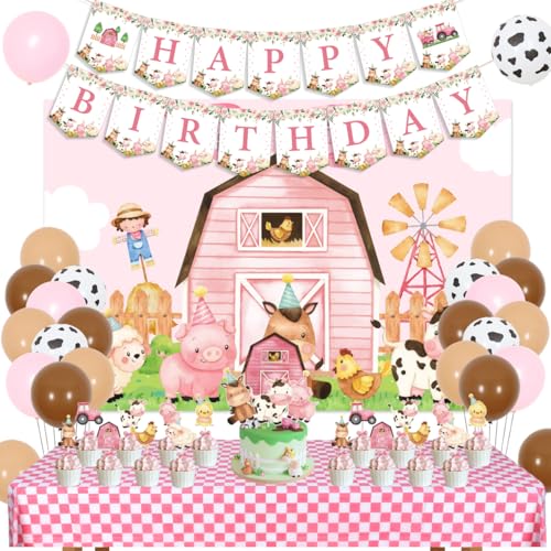 Rosa Bauernhof-Geburtstagsparty-Dekorationen für Mädchen, Bauernhof, Scheunenhof, alles Gute zum Geburtstag, Banner, Kuchendeckel, Party-Hintergrund, Tischdecke, Kuh, Schwein, Esel Rosa Bauernhof-Geburtstagsparty-Dekorationen für Mädchen, Bauernhof, Scheunenhof, alles Gute zum Geburtstag, Banner, Kuchendeckel, Party-Hintergrund, Tischdecke, Kuh, Schwein, Esel von Kreatwow