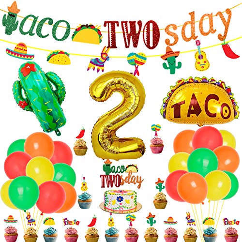 Taco Zweitag-Geburtstagsparty-Dekorationen, mexikanische Geburtstagsdekorationen, Taco zweites Banner, Kuchenaufsatz, Kaktus-Folienballons für mexikanische 2. Geburtstag Partyzubehör Kit von Kreatwow