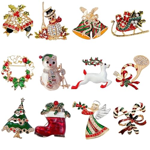 Weihnachtsbrosche für Damen, mehrfarbiger Strass-Kristall-Emaille-Weihnachtsschmuck als Geschenk (12er-Pack (C), M) von Kreeqe