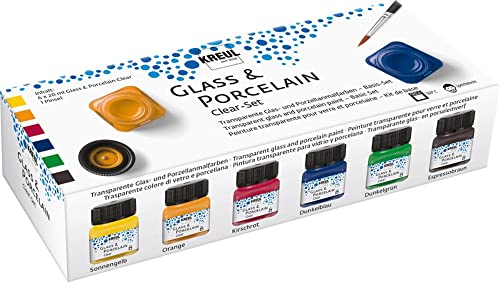 KREUL 16601 - Glass & Porcelain Set Clear, 6 x 20 ml in gelb, orange, rot, blau, grün und braun sowie ein Pinsel, transparente, glasklare Glas- und Porzellanmalfarbe auf Wasserbasis KREUL 16601 - Glass & Porcelain Set Clear, 6 x 20 ml in gelb, orange, rot, blau, grün und braun sowie ein Pinsel, transparente, glasklare Glas- und Porzellanmalfarbe auf Wasserbasis von Kreul