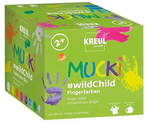 KREUL 2305 - Mucki Fingerfarben Set Wild Child, auf Wasserbasis, für Kinder ab 2 Jahren, 8 x 150 ml Farbe in Weiß, Gelb, Orange, Pink, Zauber-Lila, Diamanten-Blau, Grün, Drachen-Silber von Kreul