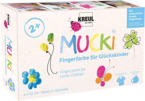 KREUL 23050 - Mucki Fingerfarbe für Glückskinder, 6 x 50 ml in Gelb, Pink, Diamanten-Blau, Grün, Orange, Drachen-Silber, parabenfrei, glutenfrei, laktosefrei, vegan, auswaschbar von Kreul