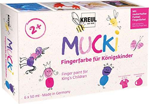 KREUL 23051 - Mucki Fingerfarbe für Königskinder, 6 x 50 ml in Weiß, Feenstaub-Rosa, Pink, Violett, Blau, Goldschatz, parabenfrei, glutenfrei, laktosefrei, vegan, auswaschbar von Kreul