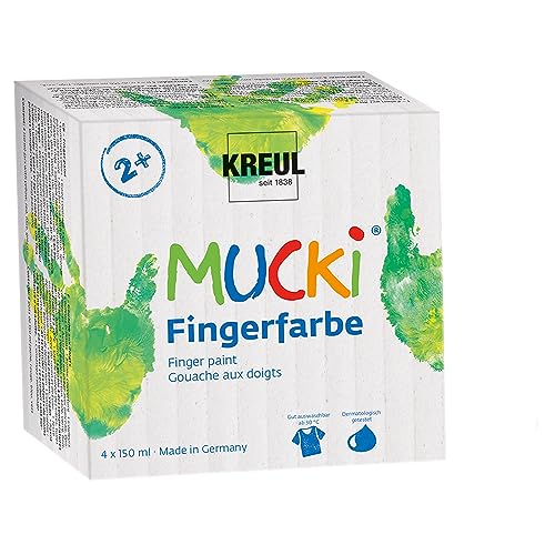KREUL 2314 - Mucki leuchtkräftige Fingerfarbe, 4 x 150 ml in gelb, rot, blau und grün, parabenfrei, glutenfrei, laktosefrei und vegan, auswaschbar, vermalbar mit Pinsel, Schwamm und Fingern KREUL 2314 - Mucki leuchtkräftige Fingerfarbe, 4 x 150 ml in gelb, rot, blau und grün, parabenfrei, glutenfrei, laktosefrei und vegan, auswaschbar, vermalbar mit Pinsel, Schwamm und Fingern von Kreul