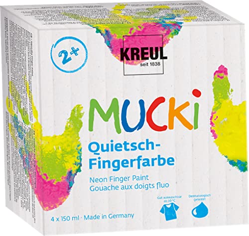 KREUL 2317 - Mucki Quietsch-Fingerfarbe, 4 x 150 ml, Neon-Fingerfarbe auf Wasserbasis, auswaschbar, für Kinder ab 2 Jahren, vegan, parabenfrei, glutenfrei, laktosefrei, nussfrei, titandioxidfrei von Kreul