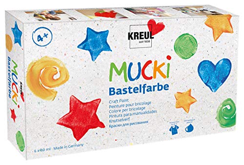 KREUL 24160 - Mucki Bastelfarbe, 6 x 80 ml in weiß, gelb, rot, blau, grün und schwarz, Kindermalfarbe auf Wasserbasis, parabenfrei, glutenfrei, laktosefrei, vegan, auswaschbar, mit Pinsel vermalbar von Kreul