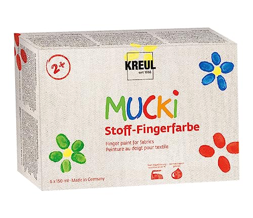 KREUL 28420 - Mucki Stoff-Fingerfarbe, leuchtkräftige Farben auf Wasserbasis für Kinder ab 2 Jahren, 6 x 150 ml Weiß, Gelb, Rot, Grün, Blau, Violett von Kreul