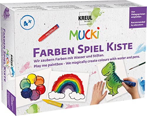 KREUL 29104 - Mucki FarbenSpielKiste, Wir zaubern Farben mit Wasser & Stiften, 6 Papier-Pfiffikus Aquarellmalstifte, 1 Pinsel, 10 Motiv-Karten & QR-Code, 1 Spielanleitung, Malen auf Papier, Karton KREUL 29104 - Mucki FarbenSpielKiste, Wir zaubern Farben mit Wasser & Stiften, 6 Papier-Pfiffikus Aquarellmalstifte, 1 Pinsel, 10 Motiv-Karten & QR-Code, 1 Spielanleitung, Malen auf Papier, Karton von Kreul