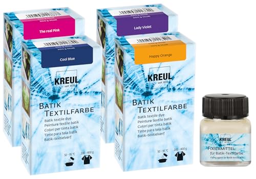 KREUL - 35604-98598 Batik-Textilfarbe 4er Set Trendfarben + 20 ml Fixiermittel, Stofffarbe zum Färben und Batiken von Textilien von Kreul