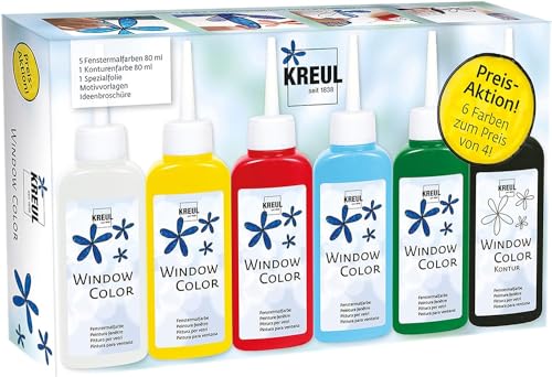 KREUL 42847 - Window Color Aktionsset, 6 x 80 ml Fenstermalfarbe in weiß, gelb, rot, blau und grün, inkl. 80 ml Konturenfarbe in schwarz, für kreative Kinder mit Spezialfolie und Malvorlagen KREUL 42847 - Window Color Aktionsset, 6 x 80 ml Fenstermalfarbe in weiß, gelb, rot, blau und grün, inkl. 80 ml Konturenfarbe in schwarz, für kreative Kinder mit Spezialfolie und Malvorlagen von Kreul