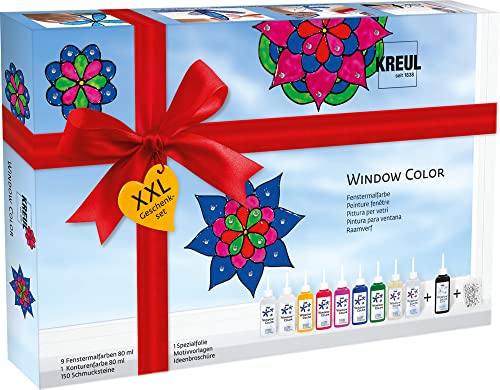 KREUL 42849 - Window Color XXL Set, für kleine und große Kreative, 9 x 80 ml Fenstermalfarben, 80 ml Konturenfarbe, eine Spezialfolie, 150 Schmucksteine und Vorlagen mit Blüten und Mandalamotiven von Kreul