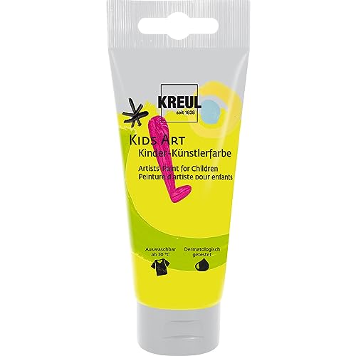 KREUL 43319 - Kids Art Kinder-Künstlerfarbe, Fluoreszierend Gelb 75 ml Tube, Schulmalfarbe auf Wasserbasis, matte deckende Bastelfarbe für Leinwand, Papier und Karton, vegan von Kreul