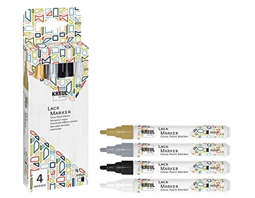 KREUL 47002 - Lack Marker medium im 4er Set, gold, silber, weiß und schwarz, Rundspitze 2 - 4 mm, permanente, lackartig auftrocknende Farbe, wasser- und wetterfest, zum Beschriften und Verzieren KREUL 47002 - Lack Marker medium im 4er Set, gold, silber, weiß und schwarz, Rundspitze 2 - 4 mm, permanente, lackartig auftrocknende Farbe, wasser- und wetterfest, zum Beschriften und Verzieren von Kreul
