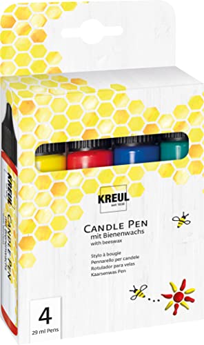 KREUL 49755 - Candle Pen 4er Set, Gelb, Rot, Blau Grün, je 29 ml, feine Malspitze, Farben mit Bienenwachs zum Verzieren & Bemalen von Kerzen von Kreul