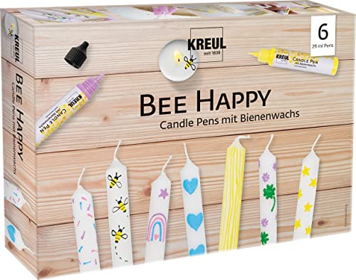 Kreul 49757 - Candle Pen 6er Set Bee Happy, 6 x 29 ml, feine Malspitze, Farben mit Bienenwachs zum Verzieren & Bemalen von Kerzen, Trocknungszeit ca. 8 Stunden von Kreul