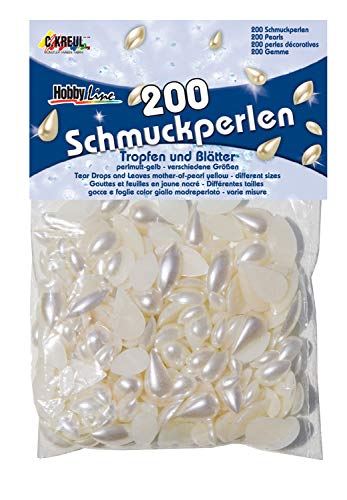 KREUL 49902 - Schmuckperlen Tropfen und Blätter, 200 Stück sortiert, perlmuttgelb, ideal zum Verzieren von Dekoelementen und Gebasteltem von Kreul