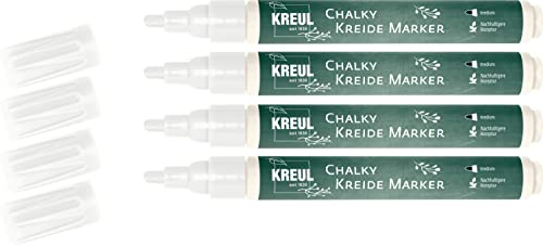 KREUL 4er-Pack Kreidestifte Weiß Chalky Kreide Marker matt 2-3cm Strichstärke Flüsigkreide Tafelstifte flüssig abwischbar fein Tafel hohe Deckkraft von Kreul