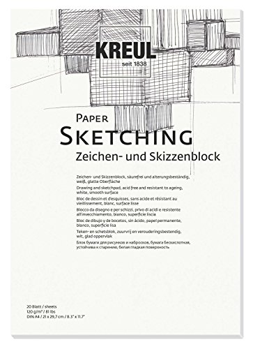 KREUL 69002 - Paper Sketching, Zeichen- und Skizzenblock, 20 Blatt, 120 g/qm, DIN A4, weiß, glatte Oberfläche, säurefrei und alterungsbeständig von Kreul