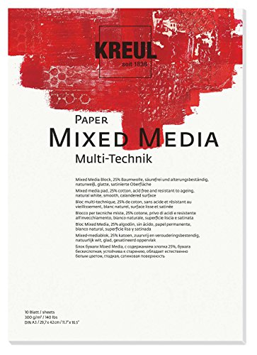 KREUL 69022 - Paper Mixed Media, DIN A3, 200 g/qm, 10 Blatt, säurefrei und alterungsbeständig, naturweiß, für alle Mixed Media Fine Art Techniken, für Nass- oder Trockenmalanwendungen von Kreul