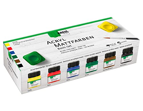 KREUL 75600 - Acryl Mattfarben im Set, cremig deckende, schnelltrocknende Farbe auf Wasserbasis, für viele verschiedene Untergründe geeignet, 6 x 20 ml Farbe und ein Pinsel KREUL 75600 - Acryl Mattfarben im Set, cremig deckende, schnelltrocknende Farbe auf Wasserbasis, für viele verschiedene Untergründe geeignet, 6 x 20 ml Farbe und ein Pinsel von Kreul
