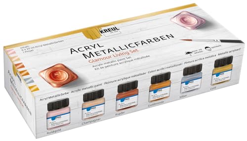 KREUL 77601 - Acryl Metallicfarben im Color Living Set, 6 x 20 ml Farbe und ein Pinsel, glamouröse Acrylfarbe mit Metalliceffekt auf Wasserbasis, cremig deckend, schnelltrocknend und wasserfest von Kreul