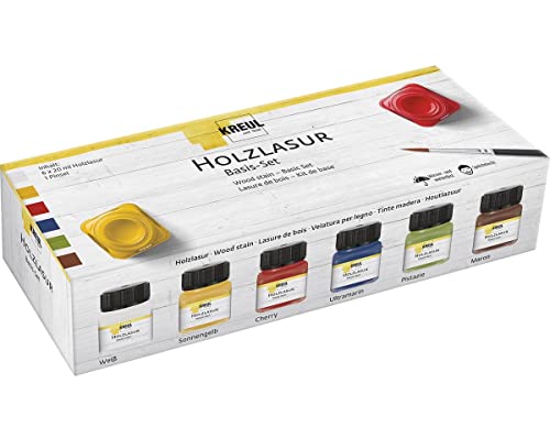 KREUL 78500 - Farbintensive Acryl Holzlasur im Set, 6 x 20 ml Farbe in Weiß, Sonnengelb, Cherry, Ultramarin, Pistazie, Maron und Pinsel für unbehandeltes, natürliches Holz und saugende Naturpapiere KREUL 78500 - Farbintensive Acryl Holzlasur im Set, 6 x 20 ml Farbe in Weiß, Sonnengelb, Cherry, Ultramarin, Pistazie, Maron und Pinsel für unbehandeltes, natürliches Holz und saugende Naturpapiere von Kreul