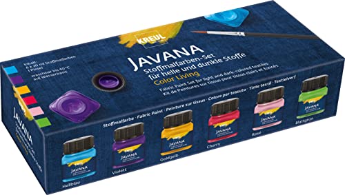 KREUL 90597 - Javana Stoffmalfarben für helle und dunkle Stoffe, Set Color Living, 6 x 20 ml und ein Pinsel, brillante Farbe mit pastosem Charakter, nach Fixierung waschbeständig KREUL 90597 - Javana Stoffmalfarben für helle und dunkle Stoffe, Set Color Living, 6 x 20 ml und ein Pinsel, brillante Farbe mit pastosem Charakter, nach Fixierung waschbeständig von Kreul
