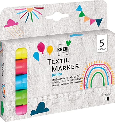 KREUL 90719 - Textil Marker Set Junior, medium, 5 Stück, Strichstärke 2 bis 4 mm, brillante Stoffmalstifte für helle Stoffe, Neonfarbton leuchtet unter Schwarzlicht KREUL 90719 - Textil Marker Set Junior, medium, 5 Stück, Strichstärke 2 bis 4 mm, brillante Stoffmalstifte für helle Stoffe, Neonfarbton leuchtet unter Schwarzlicht von Kreul