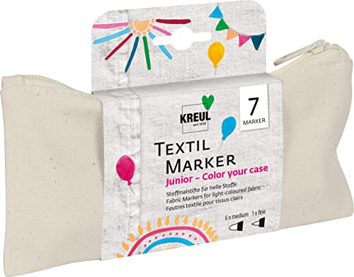 KREUL 90722 - Textil Marker Set Junior Color your case, medium, 6 Marker medium, 1 Marker fine, 1 Baumwolltasche, Zur Gestaltung von hellen Textilien von Kreul