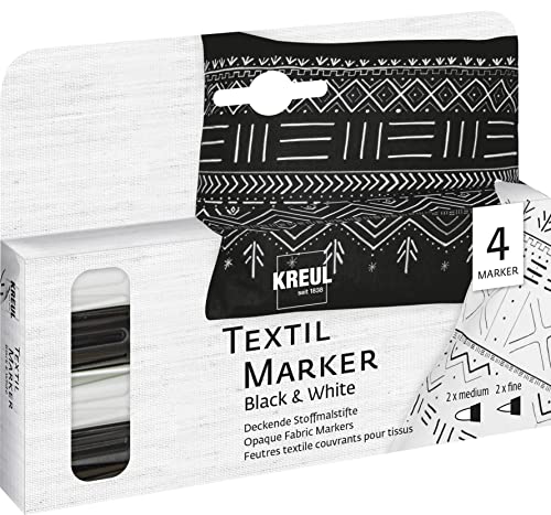 KREUL 92751 - Textil Marker Opak Black and White, 2 x medium, 2 x fine, Stoffmalstifte für Textilien aus Baumwolle, Batist, Leinen, Seide und Mischgewebe bis maximal 20 Prozent Kunstfaseranteil von Kreul