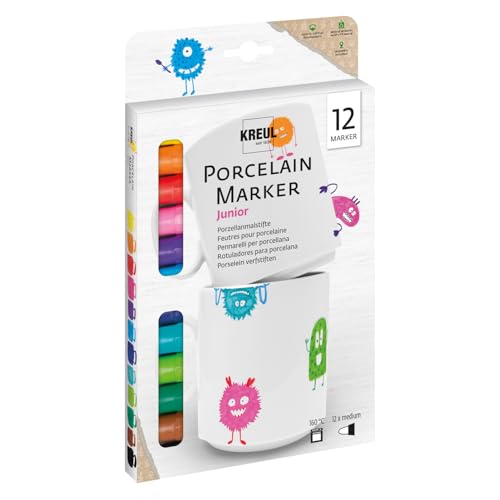 KREUL 16350 - Porcelain Marker medium Junior 12er Set - Monstermäßiges Farben-Set mit Porzellanmalstiften, mit denen Kinder ohne Schütteln und Pumpen sofort los malen von Kreul