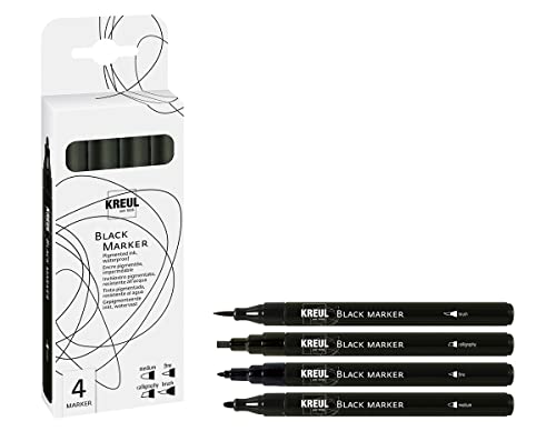 KREUL 18170 - Black Marker 4er Set mit verschiedenen Spitzen, wasserfeste, pigmentierte Tinte, ideal für Skizzen, Illustrationen und Handlettering von Kreul