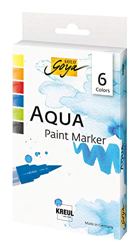 KREUL 18180 - Solo Goya Aqua Paint Marker, 6er Set in zitron, orange, karmin, kobaltblau, gelbgrün und schwarz, Künstlerstifte mit elastischer Pinselspitze, wasserlösliche Farbe von Kreul