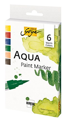 KREUL 18185 - Solo Goya Aqua Paint Marker Warm Colors, 6er Set in kadmiumgelb, zinnoberrot dunkel, indigoblau, olivgrün, roter ocker und havannabraun, Künstlerstifte mit elastischer Pinselspitze von Kreul