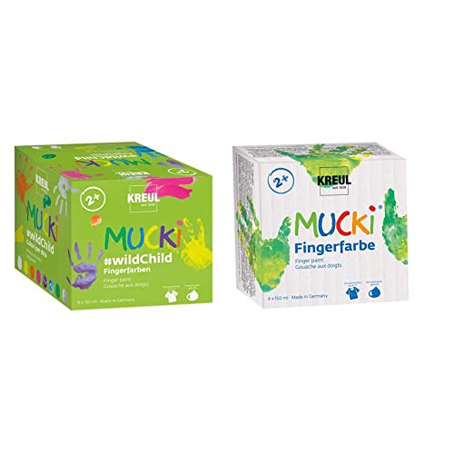 Kreul 2305 - Mucki Fingerfarben Premium Set Wild Child, für Kinder ab 2 Jahren, 8 x 150 ml & 2314 - Mucki leuchtkräftige Fingerfarbe, 4 x 150 ml in gelb, rot, blau und grün, parabenfrei, glutenfrei von Kreul