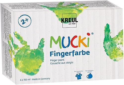 KREUL 2316 - Mucki leuchtkräftige Fingerfarbe, 6 x 150 ml in gelb, rot, blau, grün, weiß und schwarz, parabenfrei, glutenfrei, laktosefrei und vegan, auswaschbar, vermalbar mit Pinsel und Fingern von Kreul