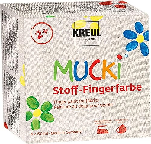 KREUL 28400 - Mucki Stoff-Fingerfarbe, leuchtkräftige Farben auf Wasserbasis für Kinder ab 2 Jahren, 4 x 150 ml Gelb, Rot, Grün, Blau von Kreul
