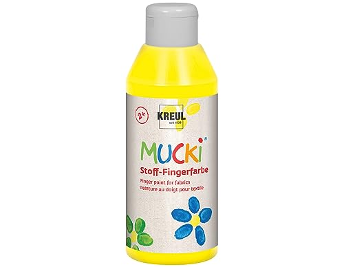 KREUL 28402 - Mucki leuchtkräftige Stoff - Fingerfarbe, 250 ml in gelb, auf Wasserbasis, parabenfrei, glutenfrei, laktosefrei und vegan, optimal für die Anwendung mit Fingern und Händen von Kreul