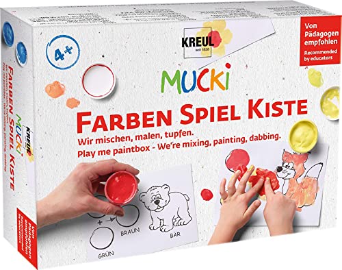 KREUL 29100 - Mucki Fingermalfarbe, Farben Spiel Kiste, Wir mischen, malen, tupfen, Lern- und Spielset, 5 x 50 ml Fingerfarbe, 2 kleine Dosen zum Farbe mischen sowie 10 Malvorlagen KREUL 29100 - Mucki Fingermalfarbe, Farben Spiel Kiste, Wir mischen, malen, tupfen, Lern- und Spielset, 5 x 50 ml Fingerfarbe, 2 kleine Dosen zum Farbe mischen sowie 10 Malvorlagen von Kreul