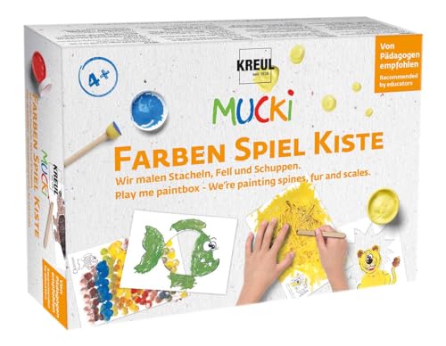 KREUL 29102 - Mucki Fingermalfarbe, Farben Spiel Kiste, Wir malen Stacheln, Fell und Schuppen, Lern- und Spielset, 5 x 50 ml Fingerfarbe, 2 kleine Dosen, 12 Malvorlagen sowie Malwerkzeuge von Kreul