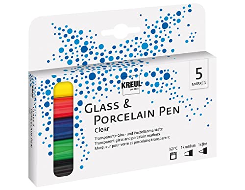 Kreul 42650 - Glass & Porcelain Pen Set Clear, 4 Stifte in gelb, rot, blau, grün und Konturstift schwarz, Strichstärke ca. 2 - 4 mm, transparente Glas- und Porzellanmalfarbe auf Wasserbasis von KREUL