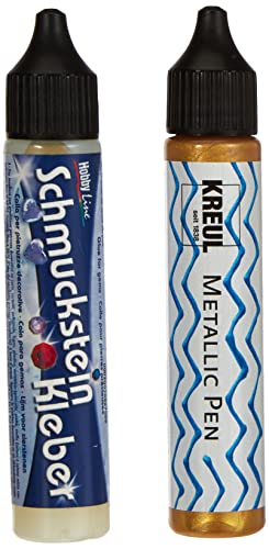 KREUL 49605 - Schmucksteine Kreativ Set, 500 bunte, runde Steine, 29 ml Schmucksteinkleber, 29 ml PicTixx Metallic Pen gold und 8 Motivvorlagen von Kreul