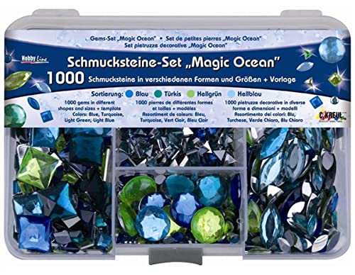 KREUL 49644 - Schmucksteine Set Magic Ocean, 1000 Steine in den Farben blau, türkis, hellgrün und hellblau, in verschiedenen Formen und Größen, zur Gestaltung von modischen Accessoires und Home Deco von Kreul