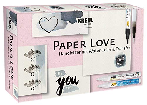 KREUL 49933 - Paper Love, Kreativ Set für alle Papierliebhaber, Masking Marker fine, Aqua Paint Marker schwarz, Transfer Marker edge, Wassertankpinsel, Motivbogen und Block 10 Blatt DIN A6 von Kreul
