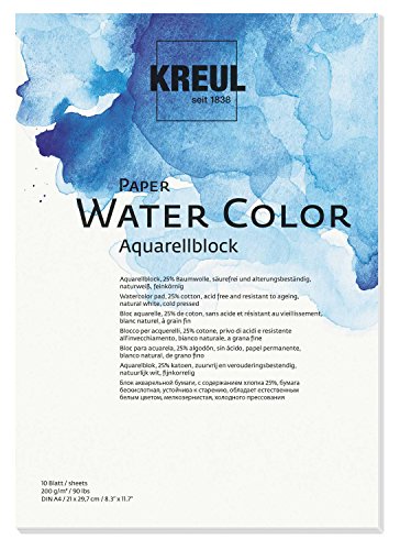 KREUL 69011 - Paper Water Color, Aquarellblock, DIN A4, 200 g/m, 10 Blatt, säurefrei und alterungsbeständig, naturweiß, für Malerei mit Aquarell- und Gouachefarben von Kreul