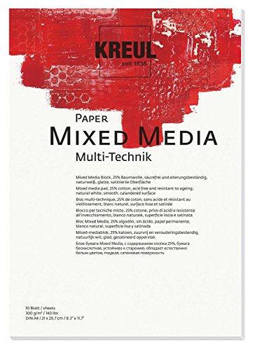 KREUL 69021 - Paper Mixed Media, DIN A4, 200 g/qm, 10 Blatt, säurefrei und alterungsbeständig, naturweiß, für alle Mixed Media Fine Art Techniken, für Nass- oder Trockenmalanwendungen von Kreul
